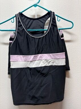 Girls Two Piece Black Swimsuit with Lilac and White Bands